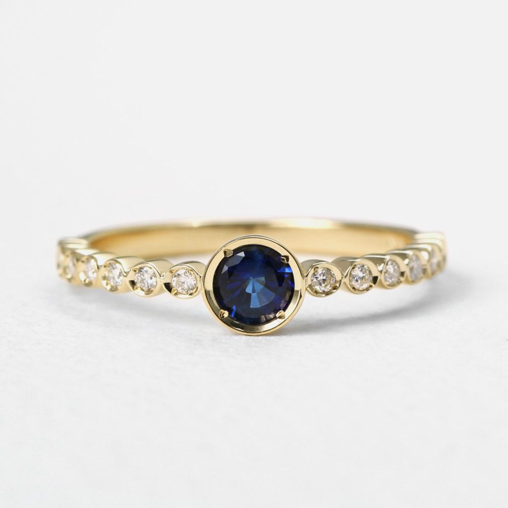 Natural Blue sapphire half eternity diamond ring , Minimalist Natural diamond engagement ring