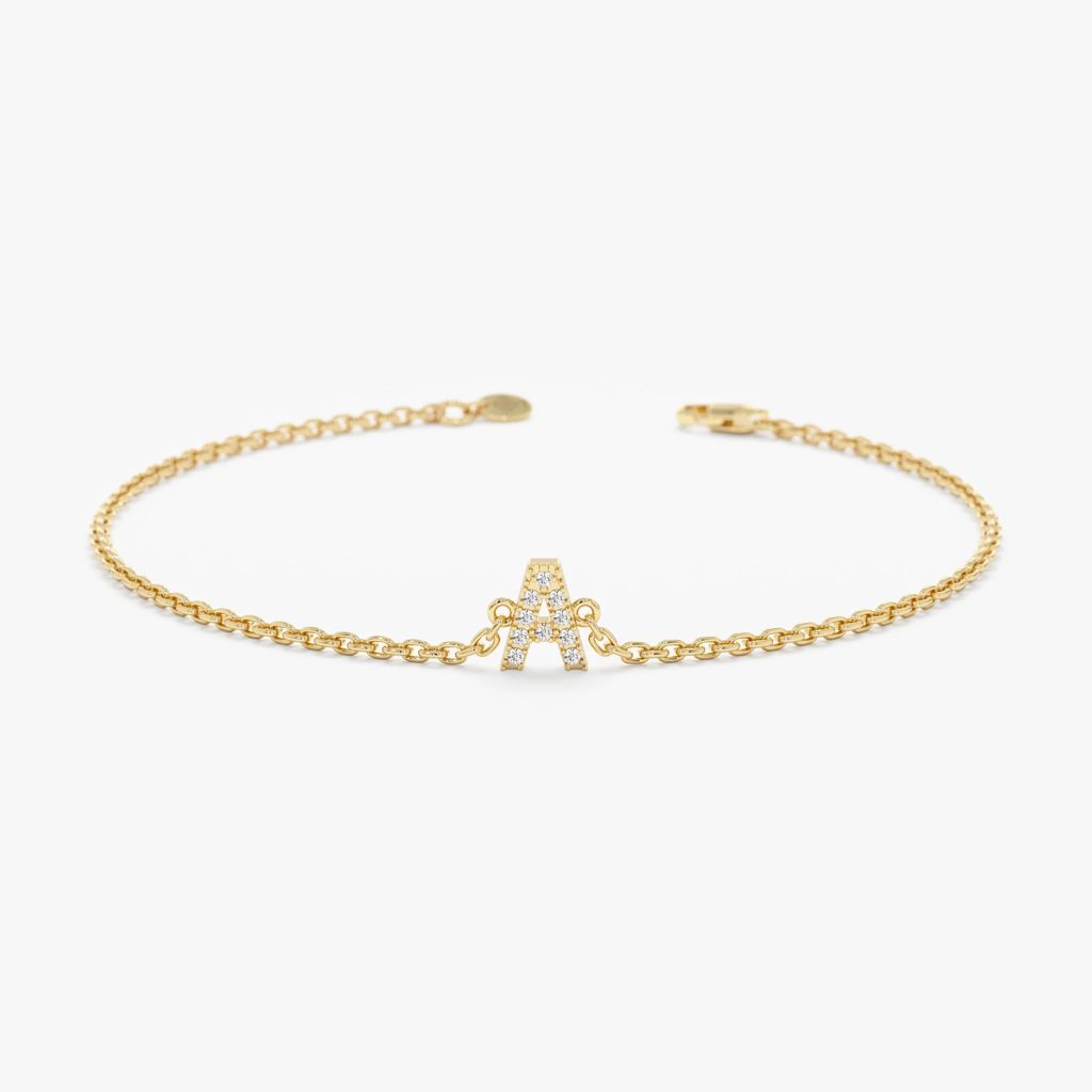 14K Gold Natural diamonds Initial Bracelet , Diamond Bracelet