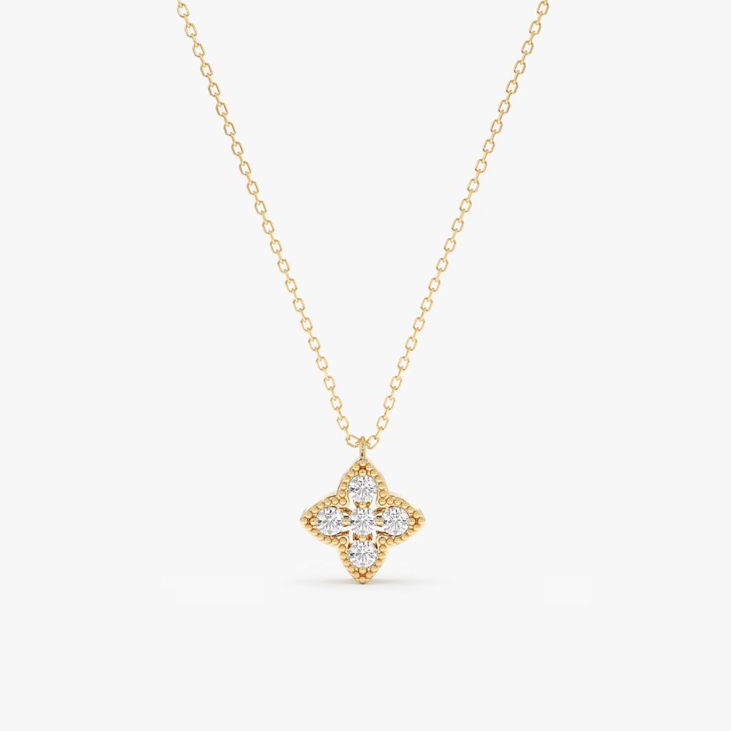 14k Gold Dainty Natural Diamond Clover Necklace , Diamond Clover Pendant
