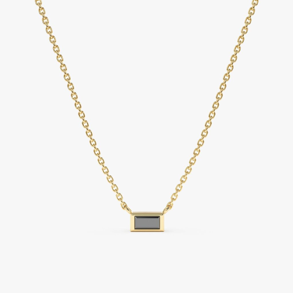 14k Gold Black Diamond Necklace , Natural Baguette Diamond Solitaire Necklace