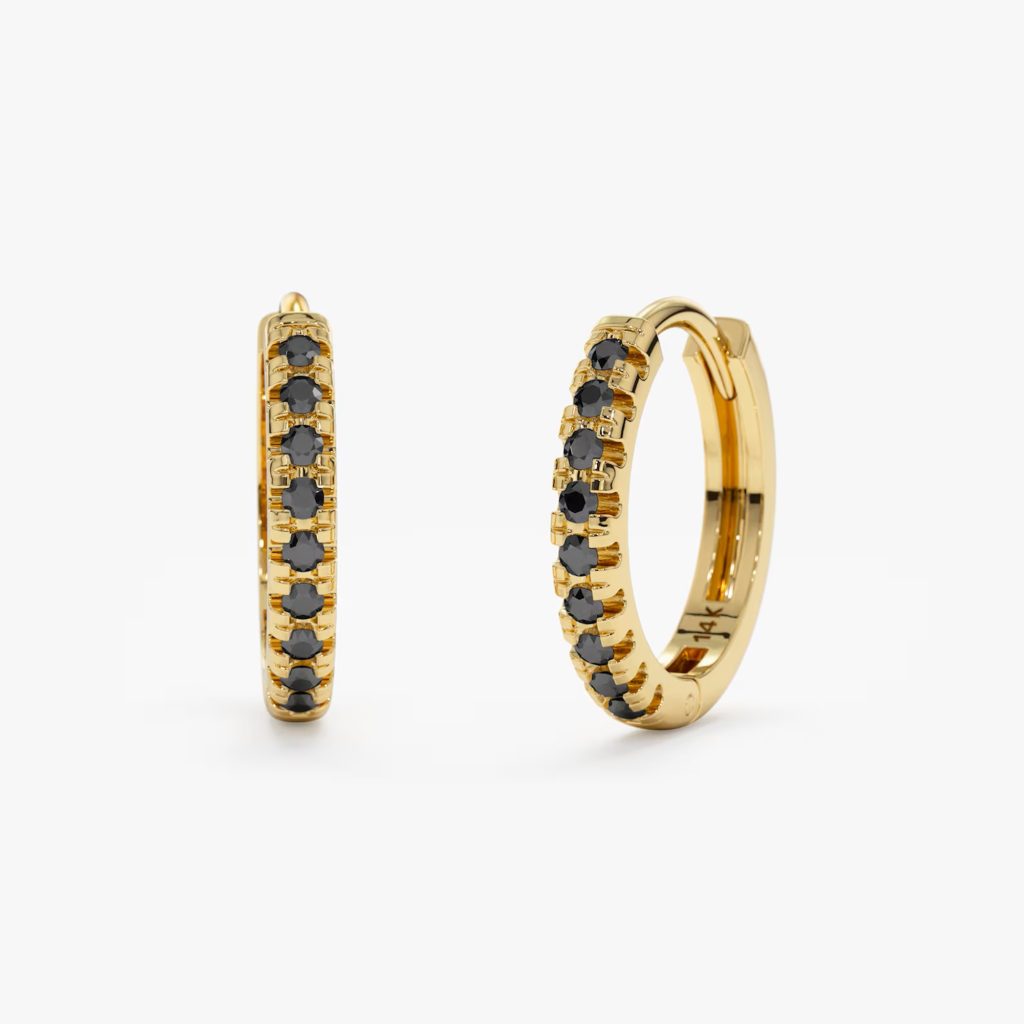 14k Black Diamond Huggies , Black Diamond Hoop earrings
