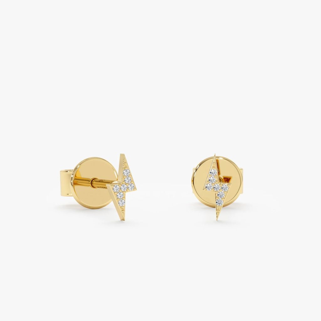 14k gold Natural diamonds Lightning Bolt Earrings , Natural Diamond Earrings