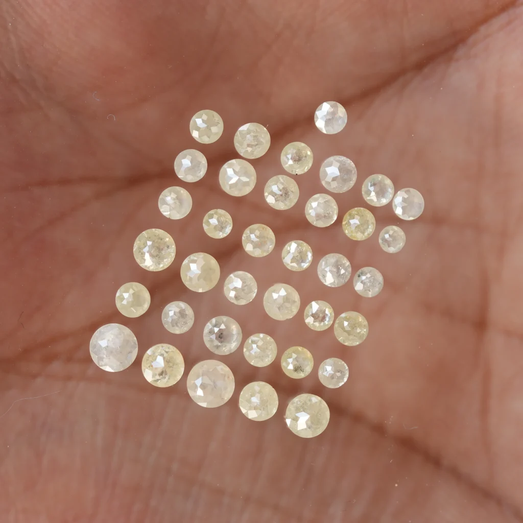 Natural round rose cut rustic diamond lot weighing 3.25 carats featuring misty white and yellow color loose diamonds in sizes from 2 mm to 3.8 mm, ideal for engagement rings, earrings, pendants and custom jewelry